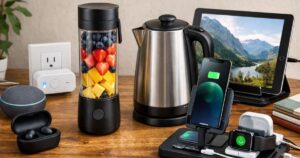 A flat lay of popular Amazon gadgets under $100, including Bluetooth earbuds, a smart plug, portable blender with fruit, electric kettle, multi-device charging station with a phone, tablet, and smartwatch, arranged neatly on a wooden surface.