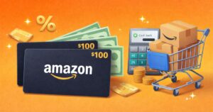 Illustration showing Amazon gift cards, a shopping cart with Amazon packages, a calculator labeled cashback, and money icons representing gift card stacking and savings on Amazon purchases.