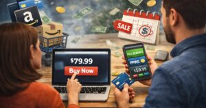 Shoppers comparing Amazon payment methods using laptop and smartphone to save money.