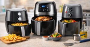 Three budget-friendly air fryers on a kitchen countertop: a compact black air fryer with French fries, a larger black and silver air fryer with a roasted chicken, and a gray air fryer with roasted vegetables. Surrounding them are small bowls of food, a bottle of oil, a measuring cup, and a spatula, set in a bright, modern kitchen.