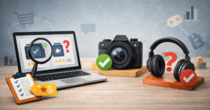 Realistic photo of a laptop comparing products on a desk, with a camera and headphones beside it, illustrating how to compare before you buy.