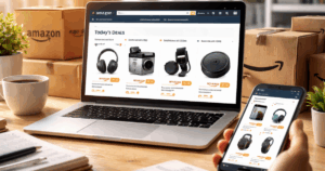 A workspace scene showing a laptop and smartphone displaying online shopping deals beside stacked delivery boxes on a clean desk, suggesting careful comparison of products and prices.