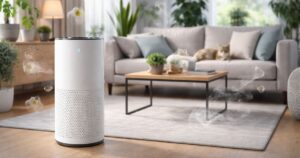 Modern air purifier in a bright living room with a sofa, plants, and natural light.