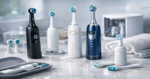 A display of four electric toothbrushes on a bathroom counter, with replacement brush heads and a travel case in the background.