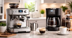 Modern kitchen countertop with espresso machine, drip coffee maker, and cups of coffee.