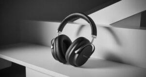 Black over-ear headphones on a modern minimalist desk.