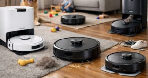 Robot vacuums cleaning a living room with carpet and hardwood floors, with a dog and child in the background.