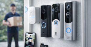 Three smart video doorbells mounted by a front door, with a delivery person holding a package in the background and a phone showing a live doorbell feed.