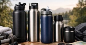 Five stainless steel insulated water bottles on a wooden table outdoors, with gym and travel items in the background.