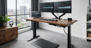 Modern home office with an adjustable standing desk, dual monitors, laptop, and anti-fatigue mat near a large window.