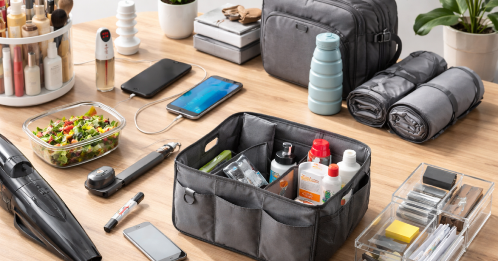 Practical everyday items under $50 including home, travel, and organization essentials arranged on a table.