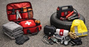 Two car emergency kits side by side on asphalt—one ready-made in a red case with first aid items, the other a build-your-own kit with jump starter, tools, and safety gear.