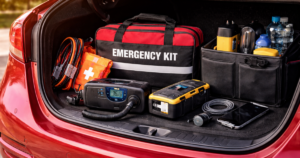 Open car trunk showing neatly arranged first car accessories, including an emergency kit, portable tire inflator, jump starter, flashlight, charging cables, and organizer.