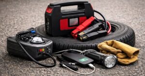 Portable jump starter kit with cables, air compressor, flashlight, and gloves arranged on a car tire on asphalt.