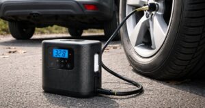 Portable digital tire inflator connected to a car tire on the road.