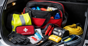 Open car trunk with a neatly organized teen driver emergency bag and essential roadside items like first-aid kit, flashlight, gloves, power bank, and jumper cables.