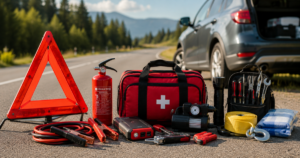 Roadside emergency kit with jumper cables, flashlight, warning triangle, first aid kit, and safety gear beside a parked car.