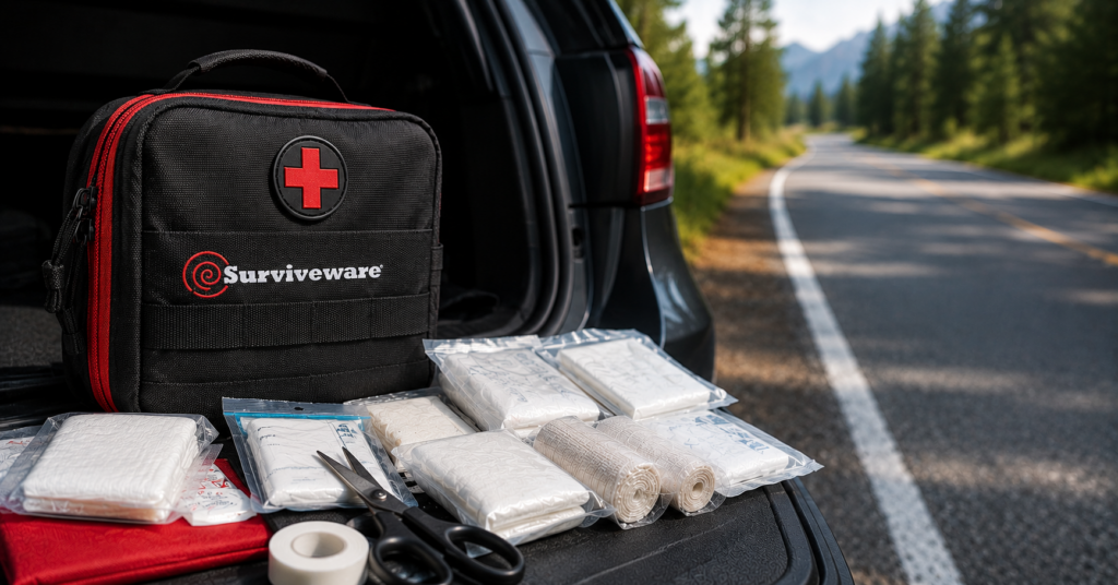 Surviveware emergency kit in a car trunk.